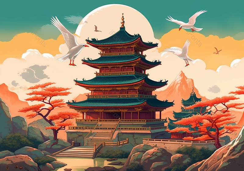 新中式古建筑山水国潮风插画背景,插画/手绘图,插画/手绘图库,插画/手绘图下载,插画/手绘